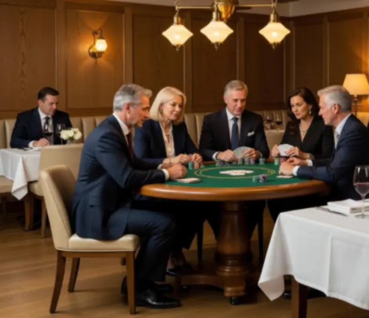 Invités réunis autour d'une table de cartes dans l'atmosphère feutrée du Salon des Amis