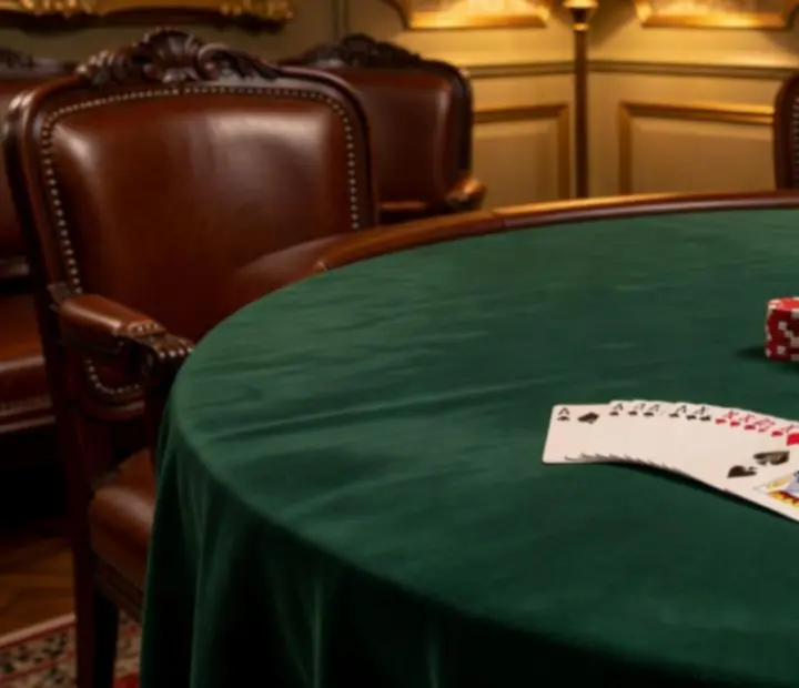 Table de poker en feutre vert avec cartes et jetons dans une lumière chaude
