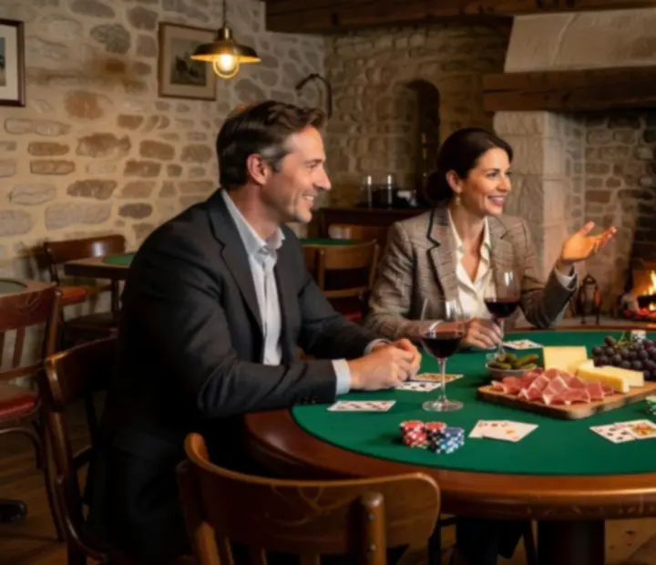 Groupe d'amis jouant aux cartes autour d'une table avec verres de vin