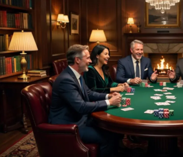 Soirée cartes en cours sur des tables de poker en feutre, entourées de convives.