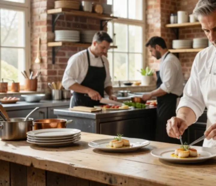 Chef en pleine préparation d'un plat dans une cuisine ouverte et tamisée.