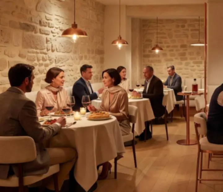 Salle à manger chaleureuse du Salon des Amis, avec tables dressées et table de cartes en arrière-plan.