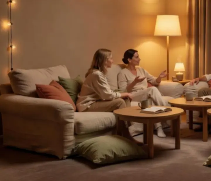 Coin salon avec fauteuils confortables et lumière douce pour des échanges entre amis.