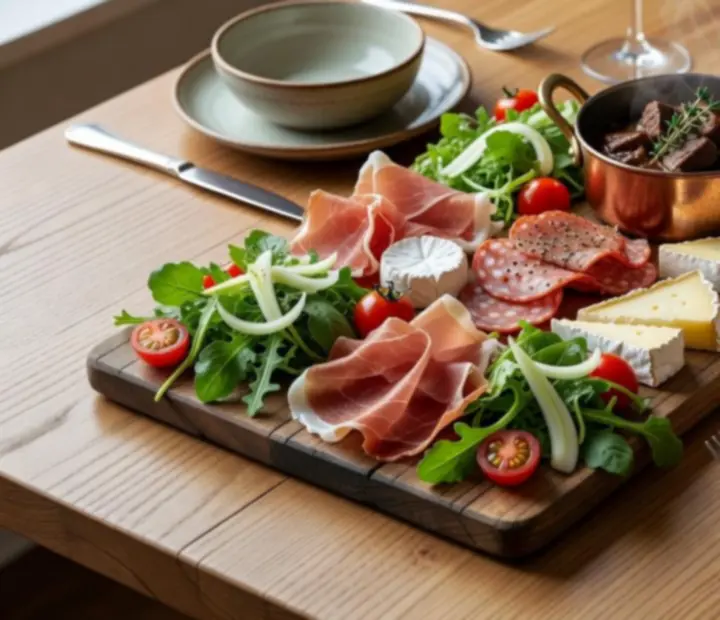 Assiettes de charcuterie artisanale, salades et spécialités françaises dressées sur une table.