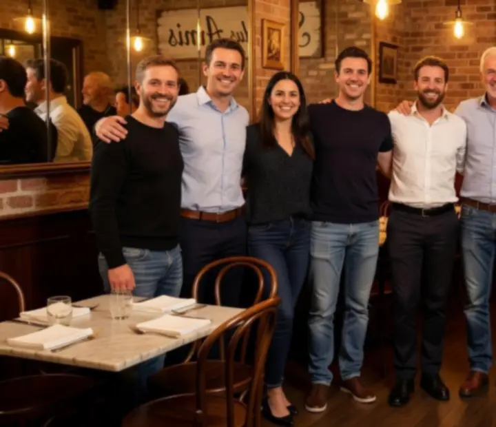 Portrait de groupe de l'équipe du Salon des Amis souriante devant le bar.