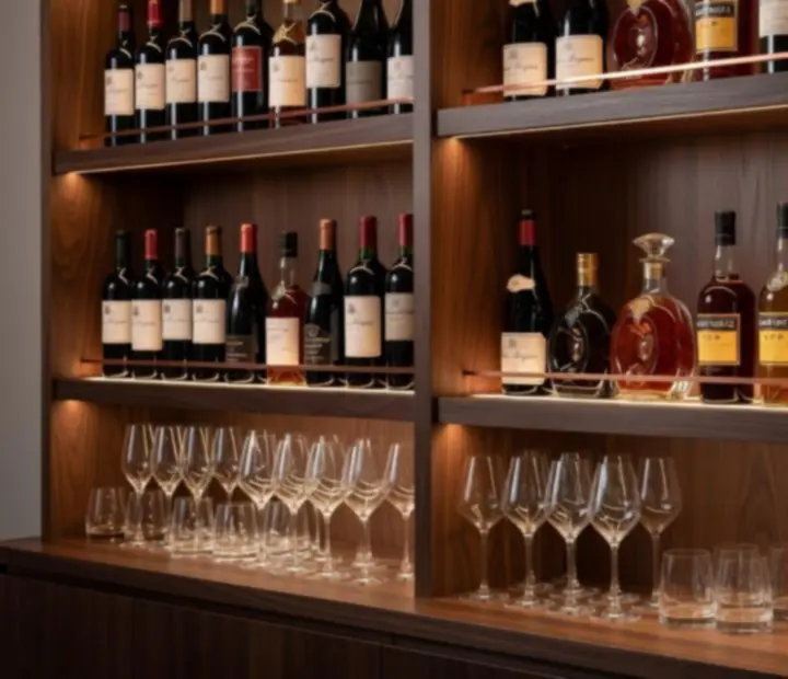 Mur de bouteilles de vins français et sélection de spiritueux derrière le bar.