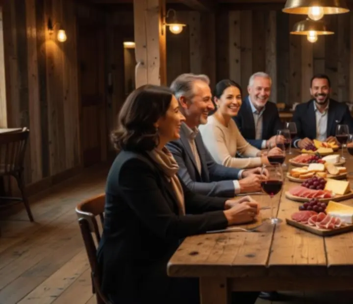 Dîner intimiste entre membres autour d'une table dressée avec vins et assiettes raffinées