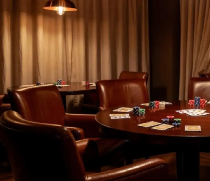 Salon privé de poker avec table en feutre, verres de vin et lumière tamisée
