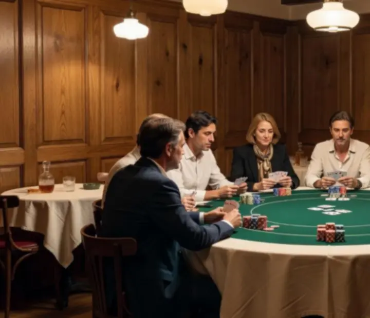 Intérieur boisé du Salon des Amis avec éclairage champagne et tables de cartes
