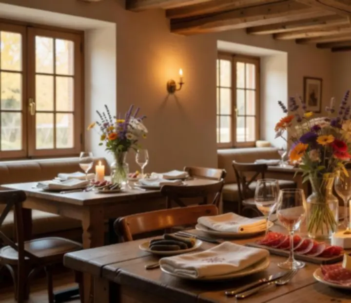 Ambiance chaleureuse de table dressée dans un salon aux tons naturels, inspirée de la campagne française