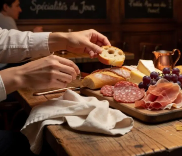Grande table conviviale avec plateau de charcuterie et vins au Salon des Amis